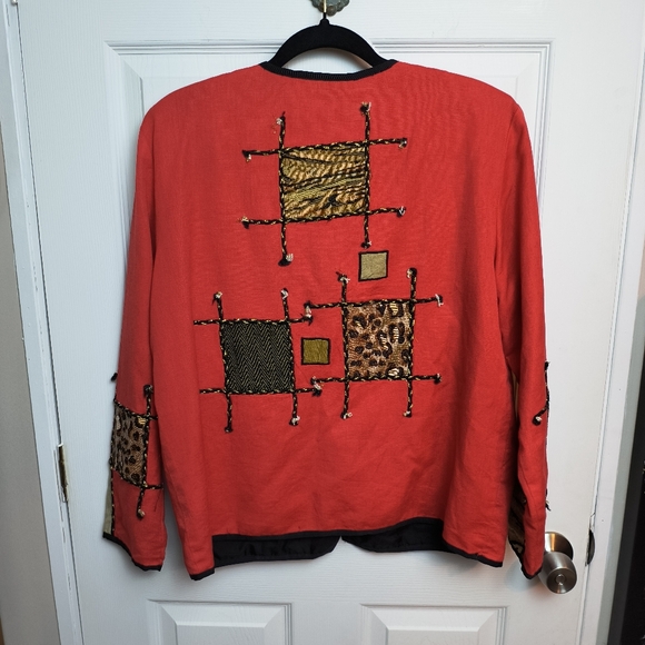 Vintage Julia Ku Jacket Sz M Red Animal Print Patchwork Retro - Picture 6 of 8